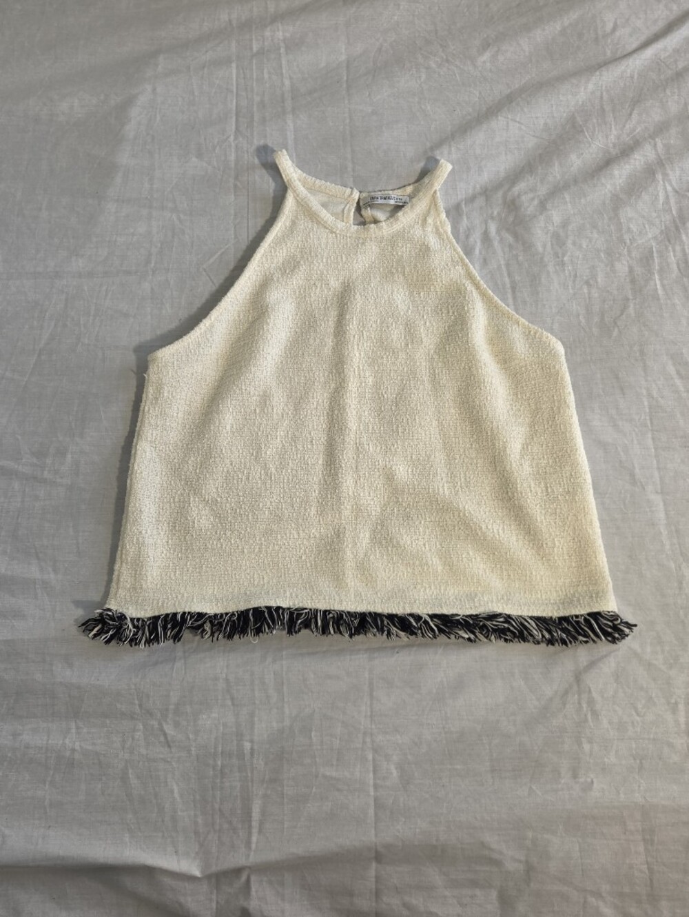 ZARA Trafaluc Ivory Black Tweed Halter Sleeveless Button Fringe Hem Tank Size S